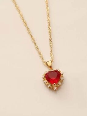 Gold Heart Pendant Necklace with Red Crystal